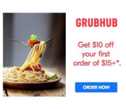 For new users only, Grubhub takes $10 off your first order of $15 or more. (Enter your email address and ZIP code, and you'll receive a unique coupon code to get the discount.) It's valid for delivery orders only, and some exclusions may apply.