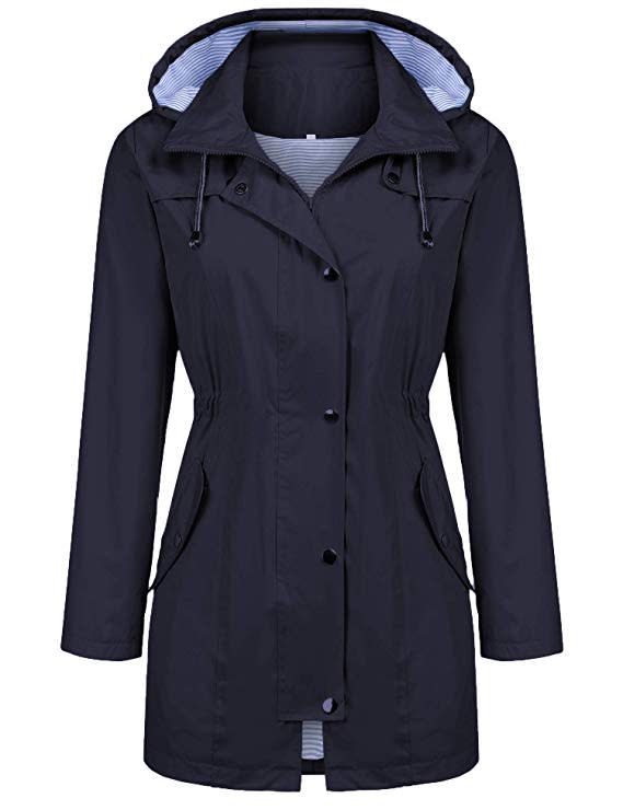 Kikibell via Amazon offers the Kikibell Women's Lightweight Rain Jacket in several colors (Dark Navy Blue pictured) priced from $25.99. Coupon code "LHUKHIAA" drops the starting price to $12.99