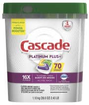 Cascade Platinum Plus ActionPacs Dishwasher Detergent 70-Pack. Clip the $4 off coupon and checkout via Subscribe & Save for a savings of $5 off list price.
