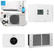 Thermostats, Mini Splits, and Heaters at Home Depot. Thermostats start at $15, heaters at $94, and mini splits at $836.