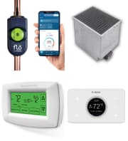 Thermostats, Water Leak Detectors, and Room Heaters at Home Depot. Thermostats start at $15, water leak detectors at $114, and room heaters at $543.