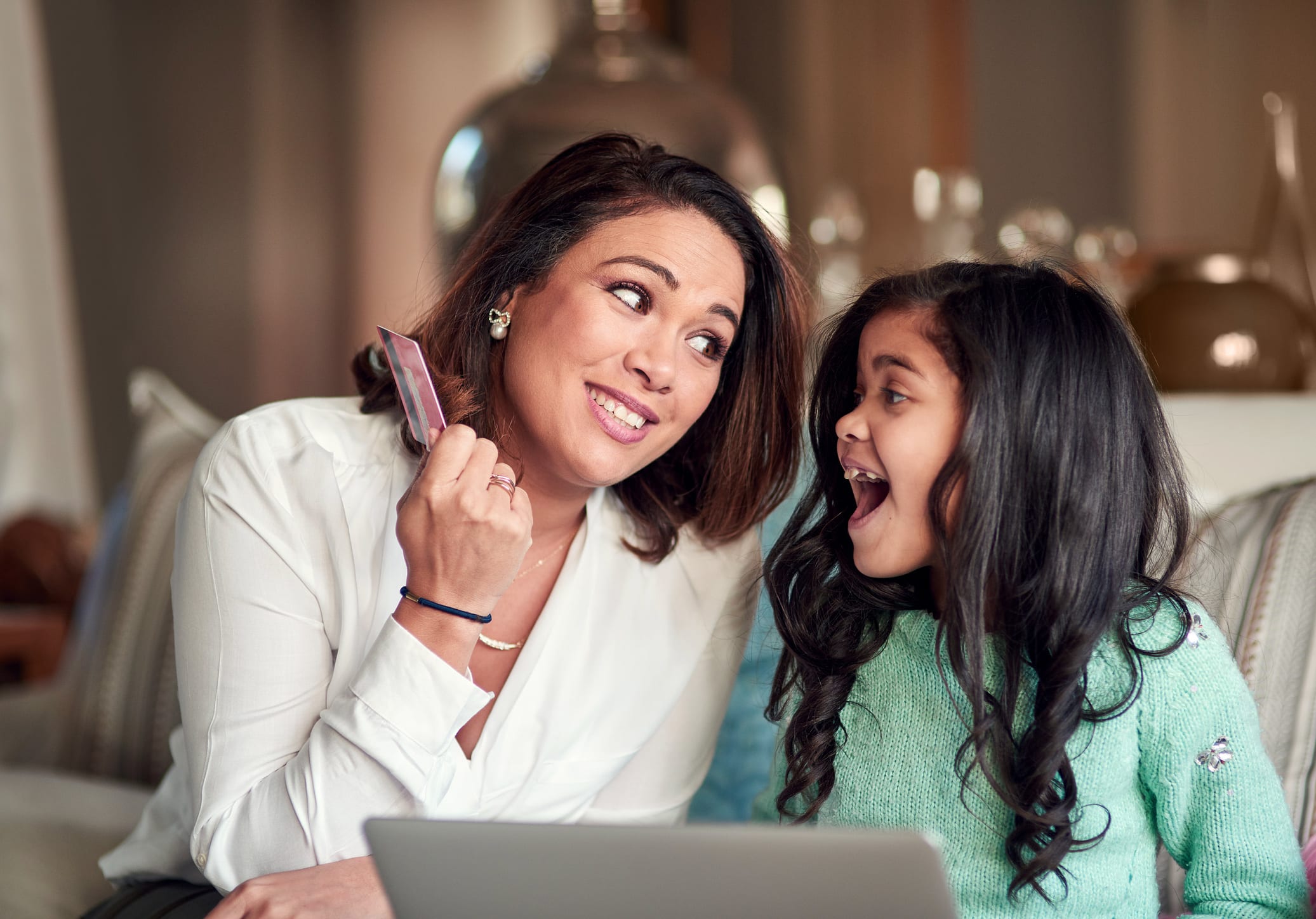 Woman and child shopping online