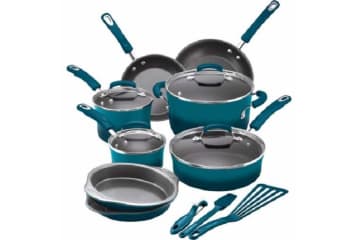 Non Stick Cookware Set Kitchen Pots Pans Marine Blue Rachel Ray Hard Enamel 15PC 