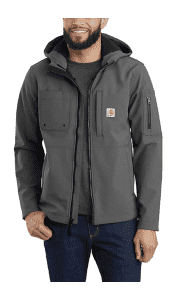 Carhartt Men's Rain Defender Midweight Softshell Jacket. It's at the best price we could find by $15 in Charcoal or Dark Blue.