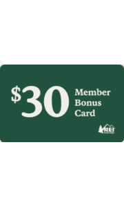 $30 REI Gift Card. Add $50 in merchandise to your cart, and then add a lifetime membership to your cart for $30. You'll receive a $30 bonus card via email that can be redeemed on a future purchase, either in-store or online.