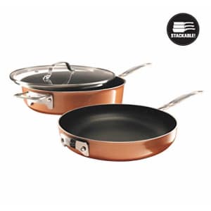 Gotham Steel Stackable 3 Piece Frying Pan Cookware Set Stackmaster Ultra Nonstick Cast Texture for $45 Gotham Steel Stackable 3 Piece Frying Pan Cookware Set Stackmaster Ultra Nonstick Cast Texture for $45
