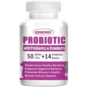 Zebora Women's Probiotic with Prebiotics and Cranberry 60-Ct. Bottle for $8 Zebora Women's Probiotic with Prebiotics and Cranberry 60-Ct. Bottle for $8