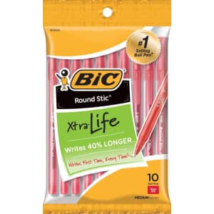 BIC Round Stic Xtra Life Ballpoint Pen 10-Pack for $1