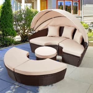 Rattan Outdoor Round Daybed w/ Retractable Canopy for $690