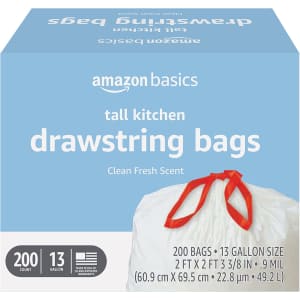 Amazon Basics 13-Gallon Tall Kitchen Drawstring Trash Bags 200-Pack for $17