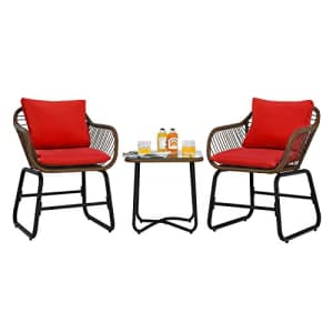 Tangkula 3 Pieces Patio Bistro Set, Patiojoy Outdoor PE Rattan Armchairs and Coffee Table Set with for $180