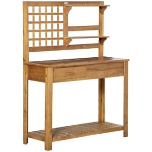 Outsunny Potting Bench Table, Garden Work Bench, Outdoor Wooden Workstation with Tiers of Shelves for $189 Outsunny Potting Bench Table, Garden Work Bench, Outdoor Wooden Workstation with Tiers of Shelves for $189