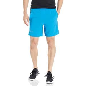 Under Armour Men's Launch Stretch Woven 7-Inch Wordmark Shorts, Cruise Blue (899)/Reflective, for $40