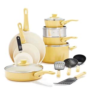 GreenLife Soft Grip Healthy Ceramic Nonstick Yellow Cookware Pots and Pans Set, 16-Piece for $140