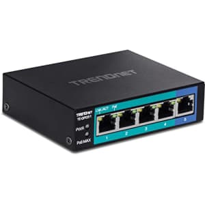 TRENDnet 5-Port Unmanaged Gigabit PoE+ Switch, 4 x Gigabit PoE+, 1 x Gigabit Port, 10Gbps Switching for $45