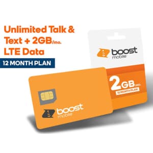 Boost Mobile 12-Month Prepaid Unlimited Talk & Text, 2GB LTE Data + Free SIM: $95 Boost Mobile 12-Month Prepaid Unlimited Talk & Text, 2GB LTE Data + Free SIM: $95