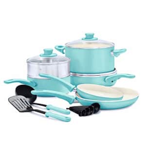 GreenLife Soft Grip Healthy Ceramic Nonstick Turquoise Cookware Pots and Pans Set, 12-Piece for $100