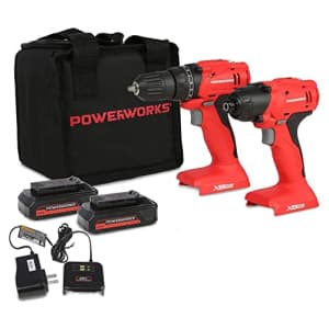 POWERWORKS 20V Cordless Drill/Driver and Impact Driver Combo Kit with (2) Batteries, Charger, and for $80