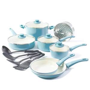 GreenLife Soft Grip 15 Piece Ceramic Non-Stick Induction Cookware Set, Turquoise for $116