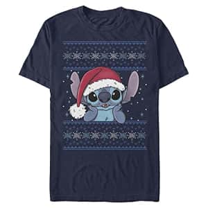 Disney Men's Lilo & Stitch Holiday Stitch Wearing Santa Hat T-Shirt, Navy Blue, Medium for $10