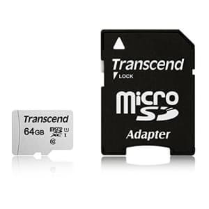 Transcend 64GB microSDXC UHS-I Class 10 U1 Memory Card with Adapter (TS64GUSD300S-A) for $9