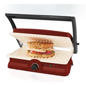 Oster DuraCeramic Panini Maker and Grill, Candy Apple Red for $32