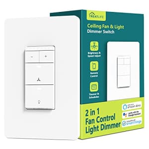 Smart Ceiling Fan Control and Dimmer Light Switch, Neutral Wire Needed, Treatlife 2.4Ghz Single for $39