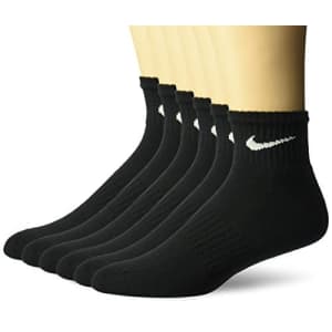 NIKE Unisex Performance Cushion Quarter Socks with Band (6 Pairs), Black/White, Medium for $37
