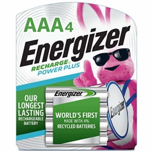 Energizer Rechargeable AAA Batteries, NiMH, 800 mAh, Pre-Charged, 4 count (Recharge Power Plus) for $12 Energizer Rechargeable AAA Batteries, NiMH, 800 mAh, Pre-Charged, 4 count (Recharge Power Plus) for $12