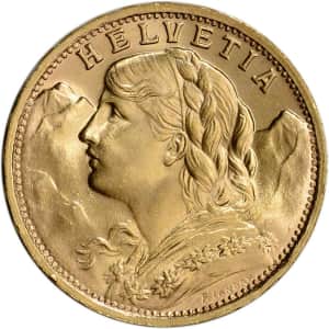 20 Francs Swiss Helvetia .1867-oz. Gold Coin for $388