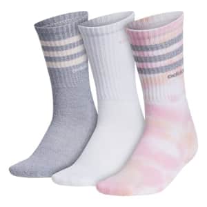 adidas womens 3-Stripe Crew Socks (3-Pair), Vapour Pink/Frost Pink/White, Medium for $16