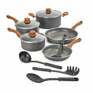 BELLA 12-Piece Non-Stick Cookware Set with Saucepans, Fry Pans & Cooking Utensils, Charcoal & Wood for $85