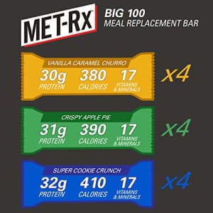 MET-Rx Big 100 Colossal Protein Bars Variety Pack, Super Cookie Crunch, Vanilla Caramel Churro, and for $31
