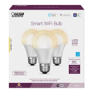 Feit Electric A19 E26 (Medium) LED Smart WiFi Bulb Soft White 60 Watt Equivalence 3-Pack for $20 Feit Electric A19 E26 (Medium) LED Smart WiFi Bulb Soft White 60 Watt Equivalence 3-Pack for $20