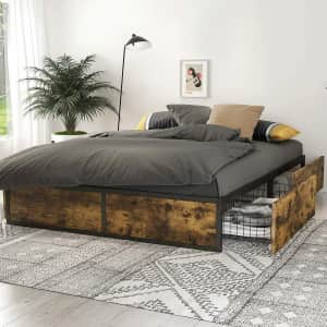 Industrial Queen Platform Metal Bed w/ Sliding Drawers for $240