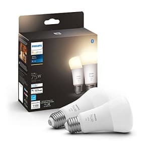 Philips Hue 2-Pack White A19 Medium Lumen Smart Bulb, 1100 Lumens, Bluetooth & Zigbee Compatible for $31