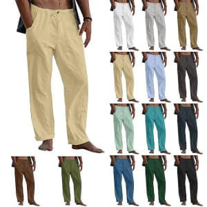 Men's Linen Drawstring & Elastic Waistband Pants for $12