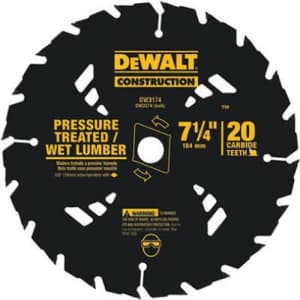 DEWALT 7-1/4" Circular Saw Blade for Pressure Treated and Wet Lumber, ATB, Thin Kerf, 5/8" and for $14 DEWALT 7-1/4" Circular Saw Blade for Pressure Treated and Wet Lumber, ATB, Thin Kerf, 5/8" and for $14