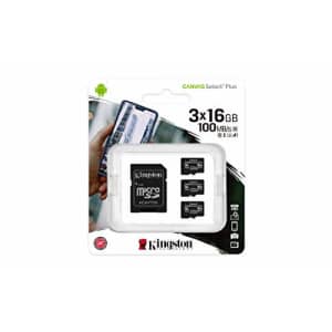 Kingston 16GB microSDHC Canvas Select Plus 100MB/s Read A1 Class 10 UHS-I 3-Pack Memory Card + for $15 Kingston 16GB microSDHC Canvas Select Plus 100MB/s Read A1 Class 10 UHS-I 3-Pack Memory Card + for $15