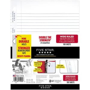 Five Star Wide Ruled Loose Leaf Paper 100-Sheet Pack for $3 Five Star Wide Ruled Loose Leaf Paper 100-Sheet Pack for $3