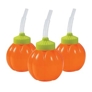 Fun Express Pumpkin Shaped Cups with lids and straws (set of 12) Halloween Party Supplies for $14