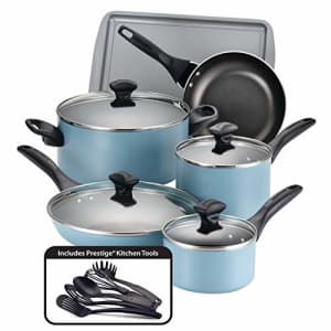 Farberware Dishwasher Safe Nonstick Cookware Pots and Pans Set, 15 Piece, Aqua for $64