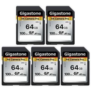 Gigastone 64GB 5-Pack SD Card V30 SDXC Memory Card High Speed 4K Ultra HD UHD Video Compatible with for $46