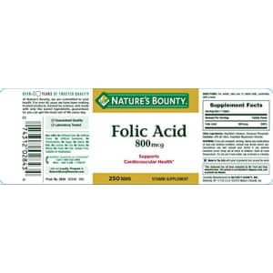 Nature's Bounty Folic Acid Supplement, Supports Cardiovascular Health, 800mcg, 250 Tablets, 3 Pack for $10 Nature's Bounty Folic Acid Supplement, Supports Cardiovascular Health, 800mcg, 250 Tablets, 3 Pack for $10