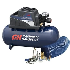 Campbell Hausfeld Air Compressor, Portable, 3 Gallon Horizontal, Oilless, w/ 10 Piece Accessory Kit Including Air for $309 Campbell Hausfeld Air Compressor, Portable, 3 Gallon Horizontal, Oilless, w/ 10 Piece Accessory Kit Including Air for $309