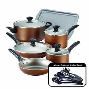 Farberware Dishwasher Safe Nonstick Cookware Pots and Pans Set, 15 Piece, Copper for $70 Farberware Dishwasher Safe Nonstick Cookware Pots and Pans Set, 15 Piece, Copper for $70