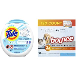 Tide Pods Free & Gentle 81-Count w/ Bounce Pet Dryer Sheets 120-Count Bundle for $23