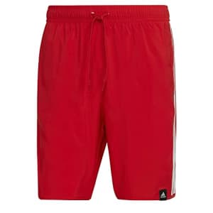 adidas Men's Standard Classic-Length 3-Stripes Swim Shorts, Vivid Red/White, X-Small for $19