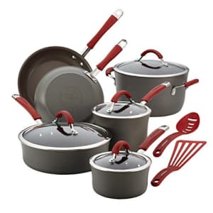Rachael Ray Cucina Hard Anodized Nonstick Cookware Pots and Pans Set, 12 Piece, Gray with Red for $135 Rachael Ray Cucina Hard Anodized Nonstick Cookware Pots and Pans Set, 12 Piece, Gray with Red for $135