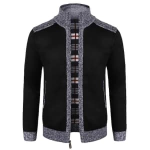 Men's Stand Collar Fleece-Lined Cardigan Sweater for $18